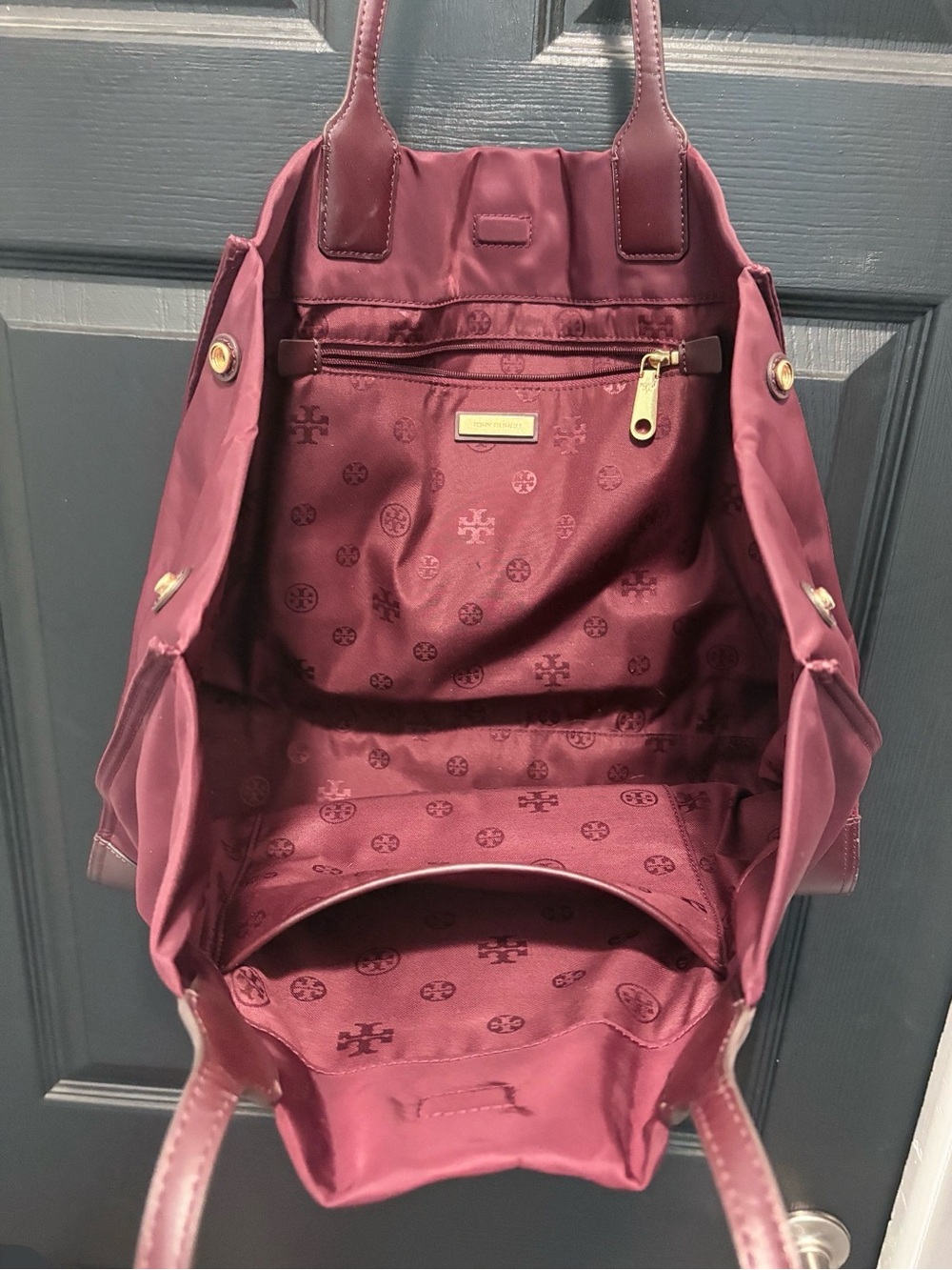 Tory Burch Maroon Nylon Logo Tote with Dark Brown Trim - Picture 6 of 9
